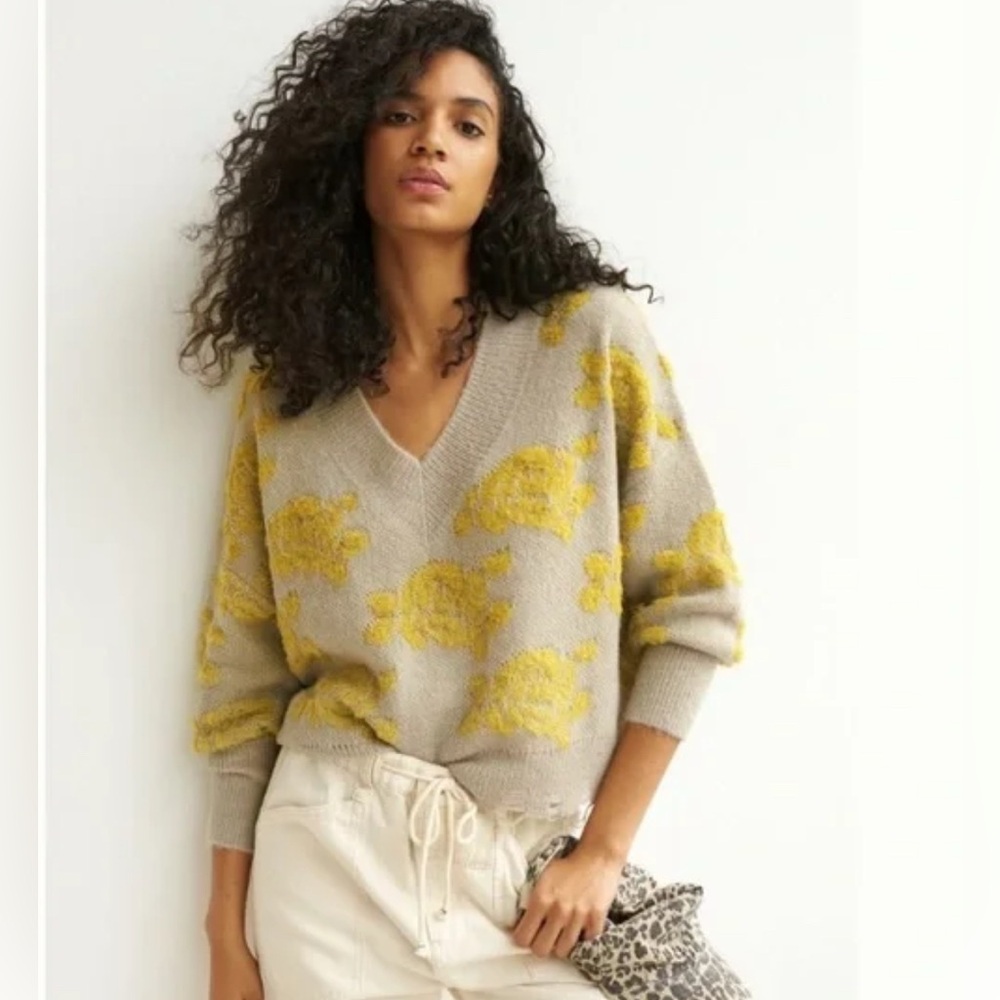 Anthropologie Floral Knit V-Neck Sweater-XS